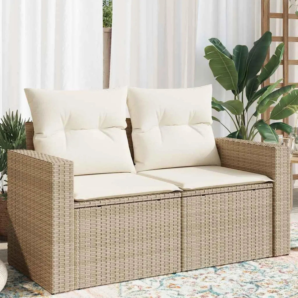Sofa de Jardin 2 Places avec Coussin, Polyrotin Beige pour Extérieur et Balcon