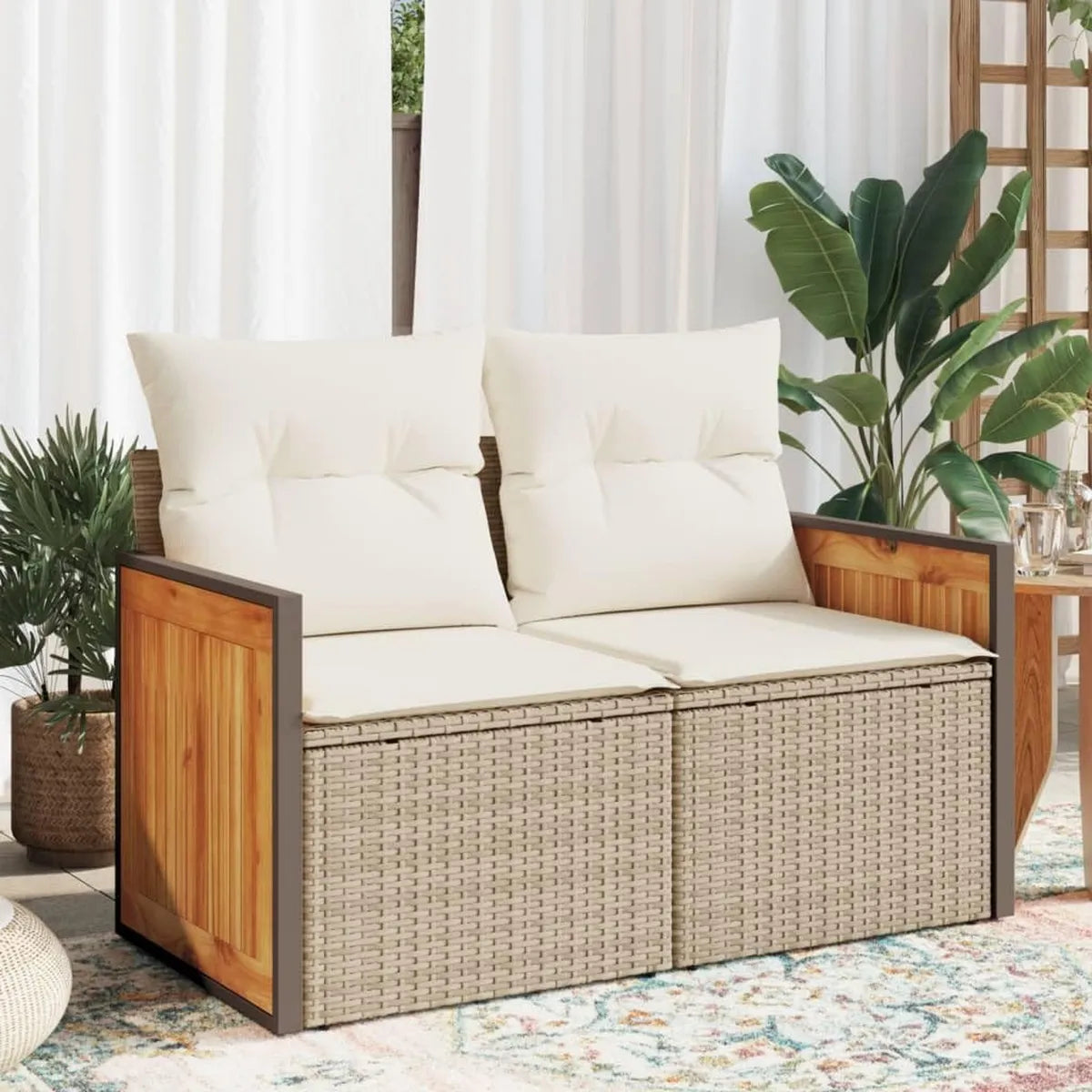 Canapé de jardin 2 places en rotin synthétique beige avec coussins pour extérieur