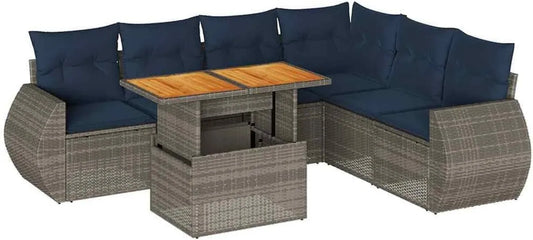 Ensemble de Salon de Jardin en Résine Tressée Grise avec Coussins, 7 Pièces