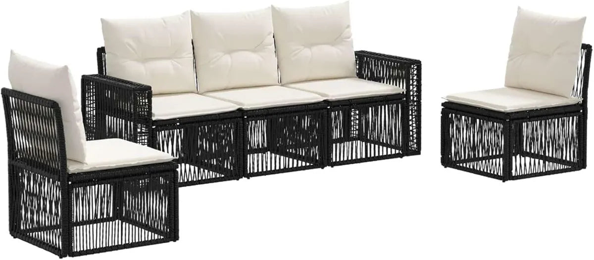 Ensemble de Jardin 5 Pièces en Rotin Noir et Blanc Crème, Canapé Extérieur Moderne et Résistant aux Intempéries