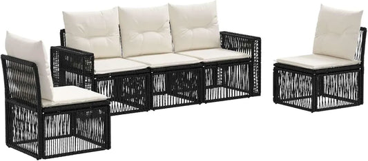 Ensemble de Jardin 5 Pièces en Rotin Noir et Blanc Crème, Canapé Extérieur Moderne et Résistant aux Intempéries