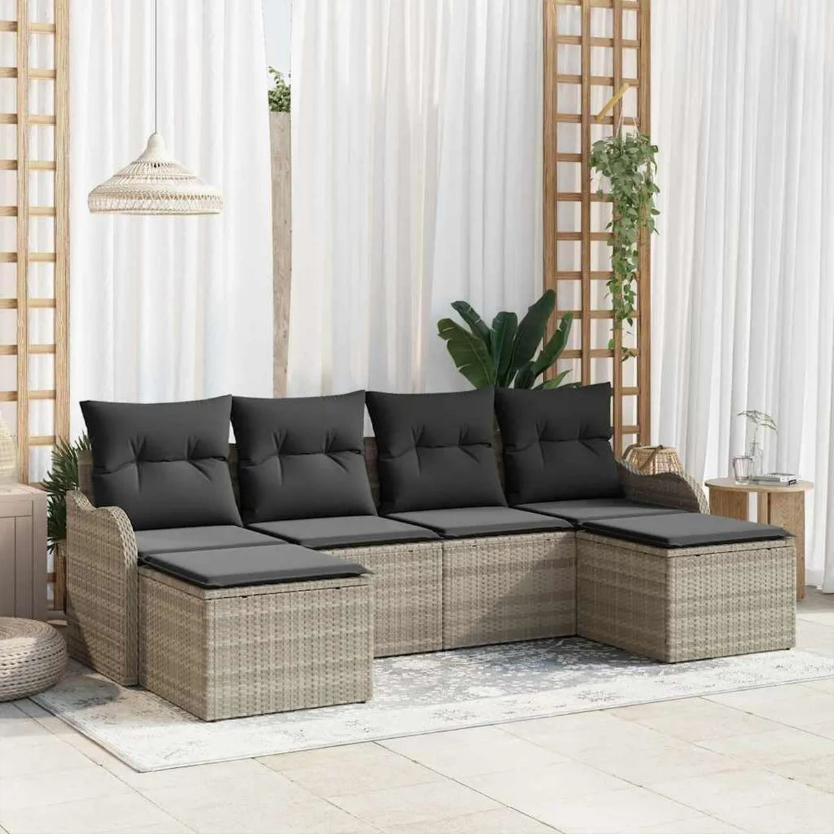 Ensemble de Salon de Jardin en Rotin Tressé Modulable - 6 Pièces - Gris Clair