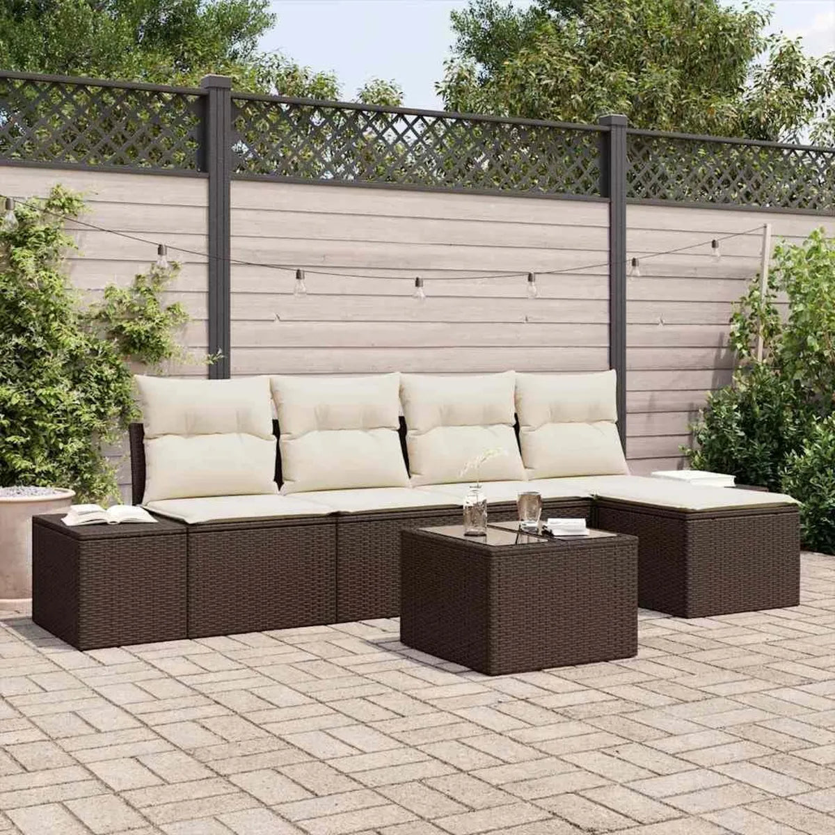 Ensemble de Salon de Jardin en Rotin 6 Pièces Marron avec Housse Étanche, Résistant aux UV