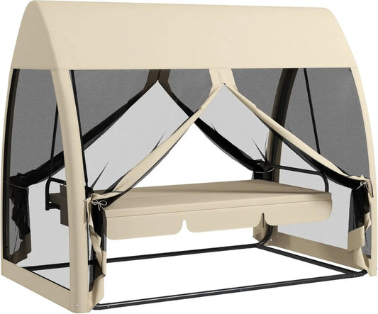 Balancelle de Jardin 3 Places avec Auvent et Coussins, Poche de Rangement, Filet à Fermeture éclair, Beige