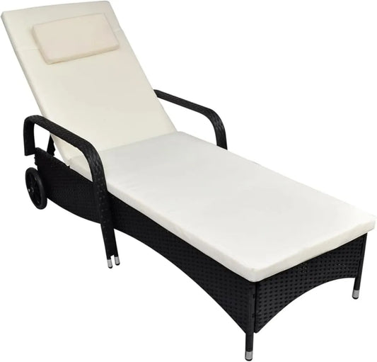 Chaise Longue Extérieure Noir en Résine avec Coussin et Roues, Transat Inclinable pour Jardin, Terrasse, Plage