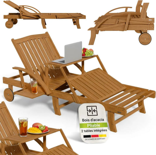 Chaise Longue en Acacia avec Roulettes et Tablette Réglable