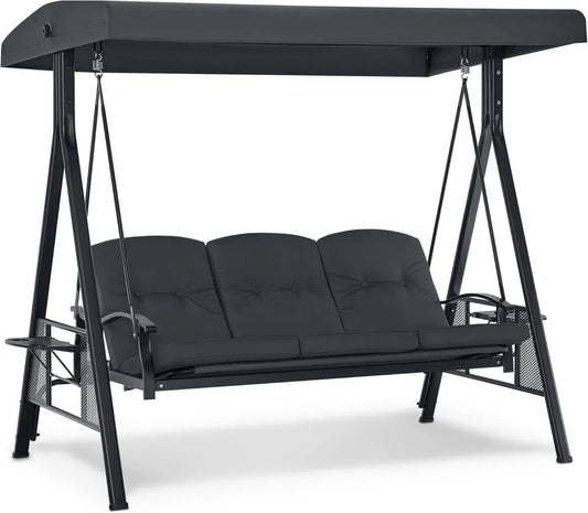 Balancelle de Jardin 3 Places avec Toit Réglable et Porte-Boisson, Fonction Couchage, Charge 360kg