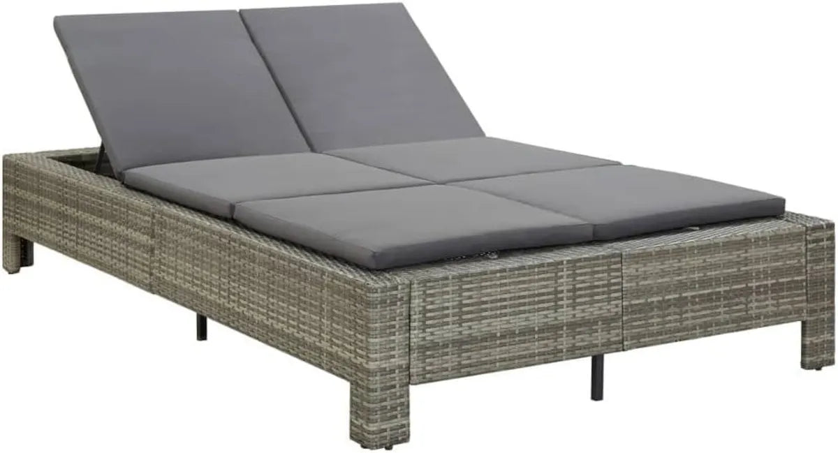 Chaise Longue Double en Résine Tressée Grise avec Coussin, 220 x 130 cm, Pour Jardin et Piscine