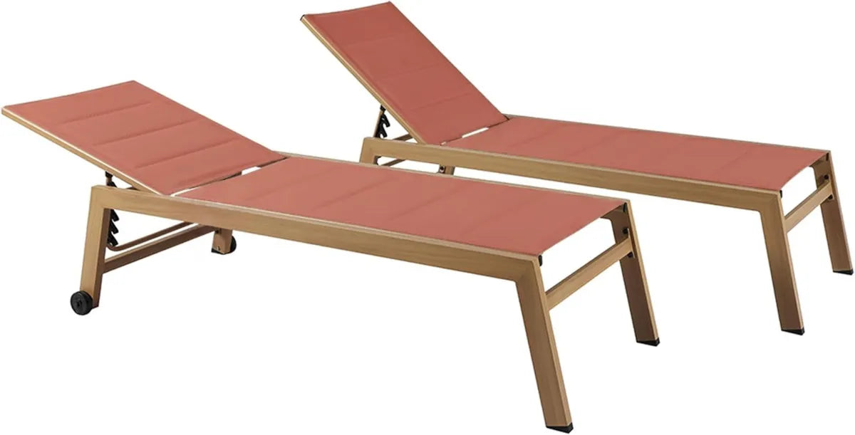 Set de 2 Transats Inclinables Effet Bois avec Roues - Terracotta