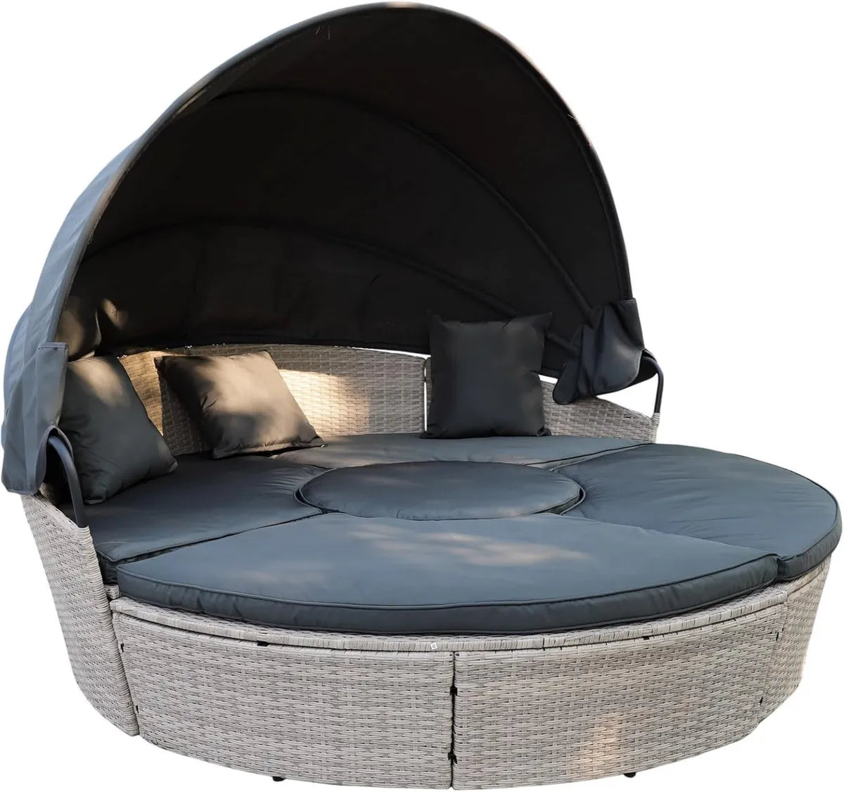 Île de détente XL en rotin avec auvent pliable et coussins, transat de jardin, gris clair, 180 cm
