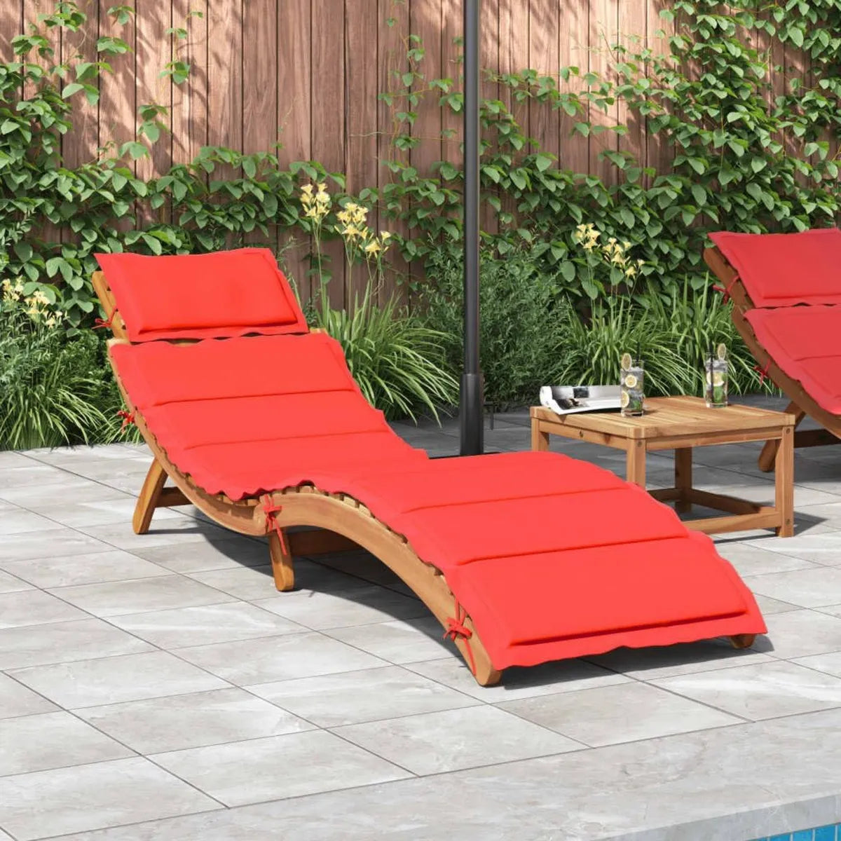 Chaise longue en acacia avec coussin rouge pour jardin et piscine