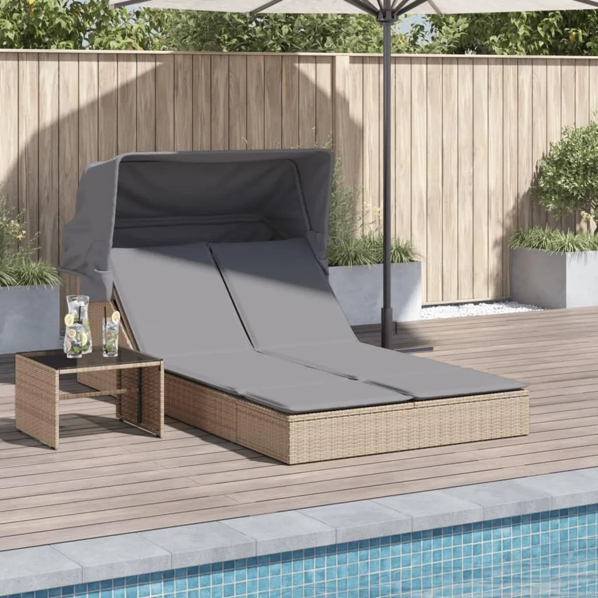Lit de Soleil Double en Rotin Beige avec Baldachin Réglable, Coussins Gris Amovibles, Dossier Inclinable pour Jardin et Piscine