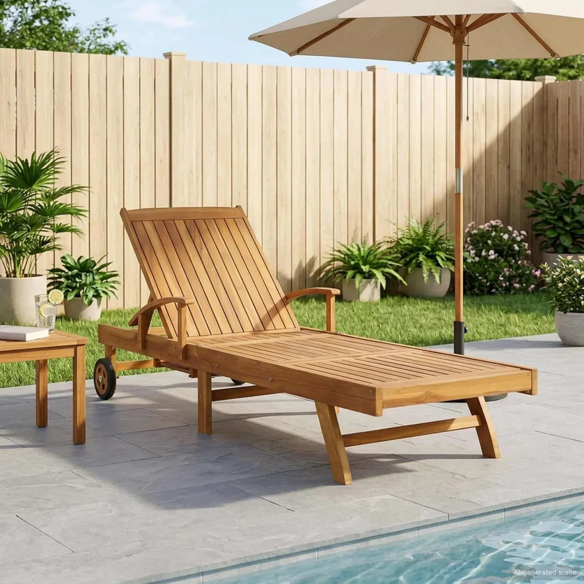 Chaise Longue en Teck pour Jardin avec Dossier Réglable et Roulettes