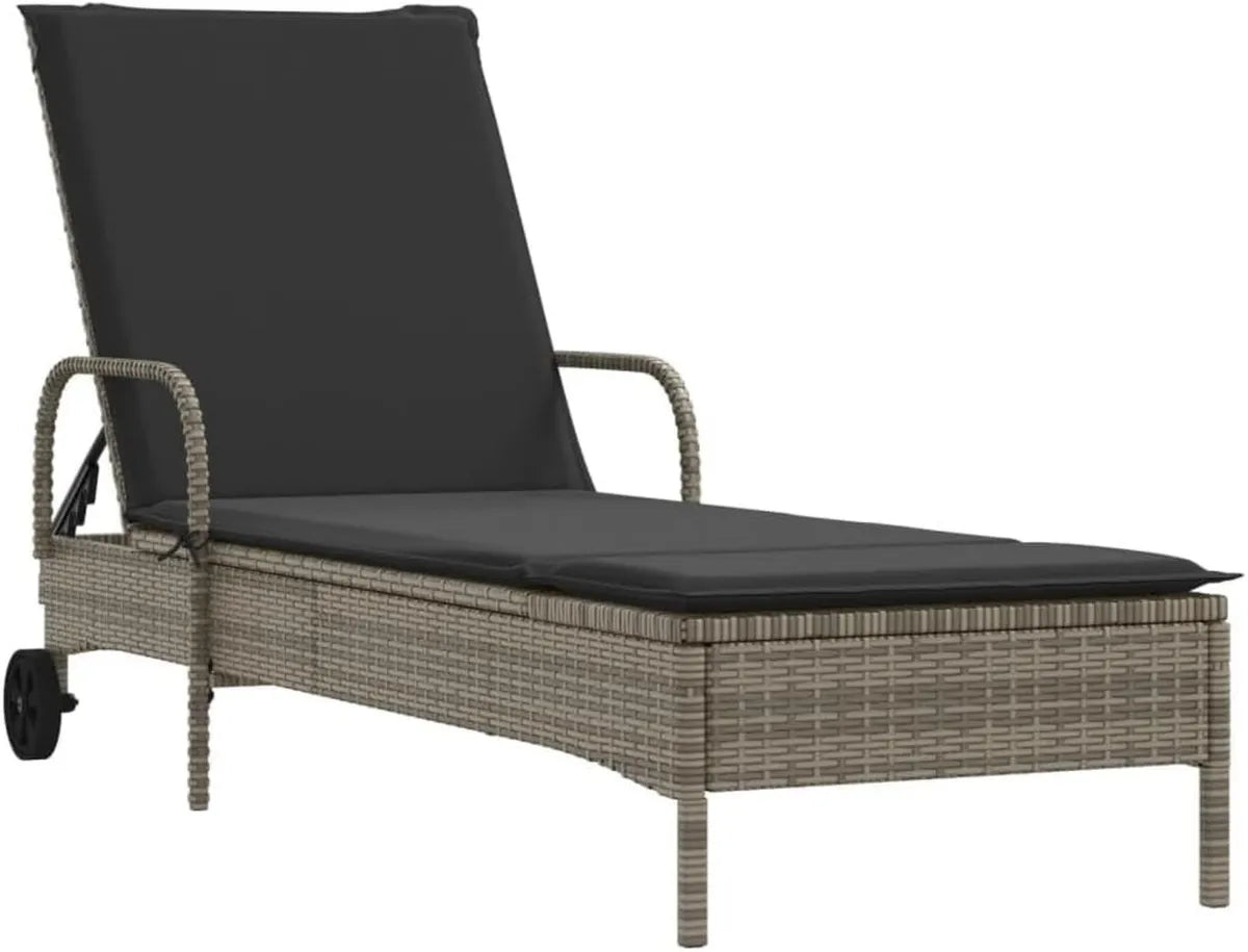 Chaise Longue de Jardin en Résine Tressée avec Coussin et Roues - Gris