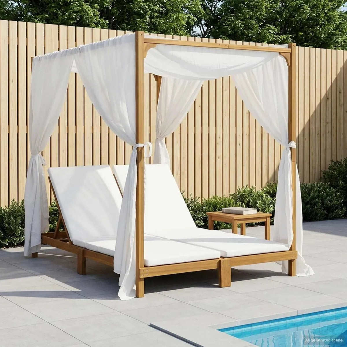 Chaise Longue Double en Bois d'Acacia avec Auvent et Rideaux Crème, Dossier Réglable, Coussin pour Jardin et Terrasse