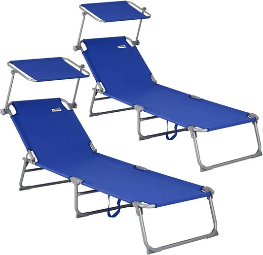 Chaise Longue Pliable Bleu avec Pare-Soleil pour Jardin et Plage
