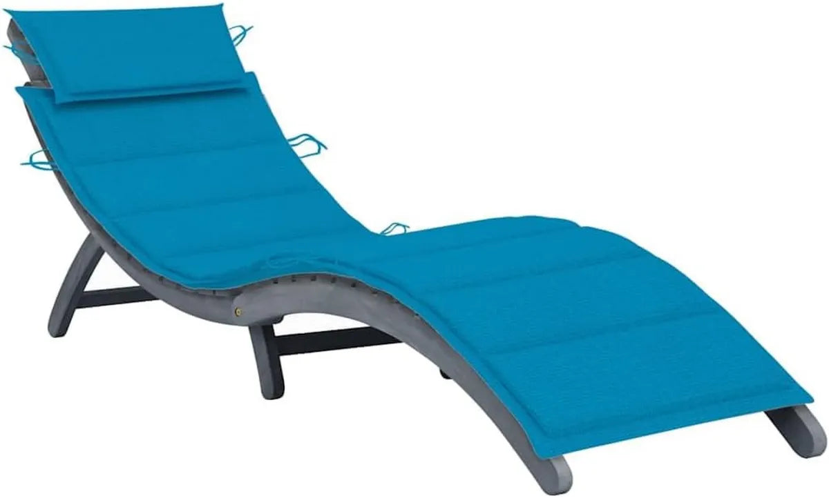 Transat de Jardin en Acacia avec Matelas Bleu, Chaise Longue Pliable pour Terrasse, 190 x 60 cm
