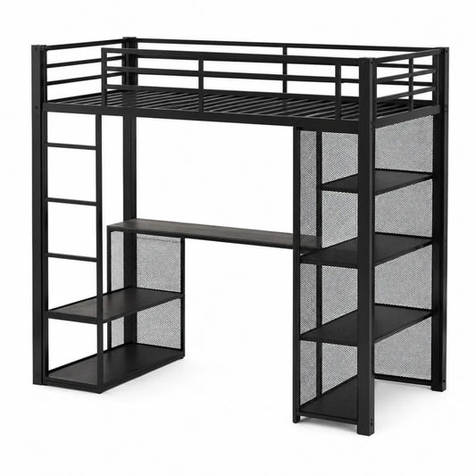 Cadre de lit mezzanine en métal noir avec bureau et étagères