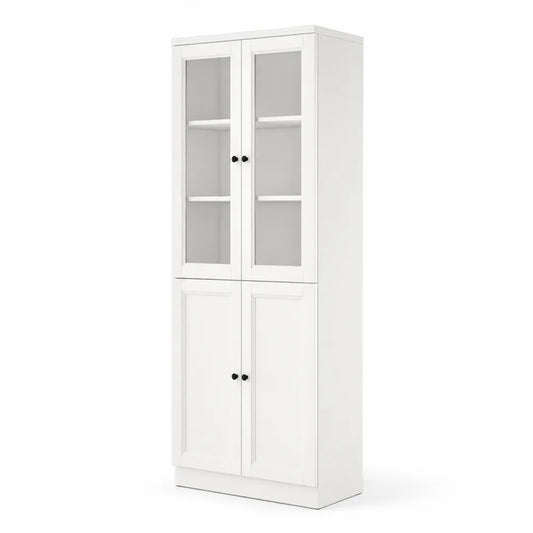 Buffet haut 2 portes vitrées et 2 portes opaques en bois blanc