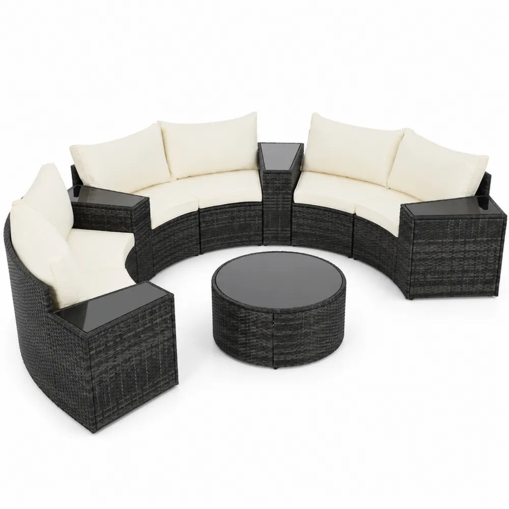 Ensemble de Salon de Jardin en Rotin 7 Pièces avec Table Ronde et Coussins Beige