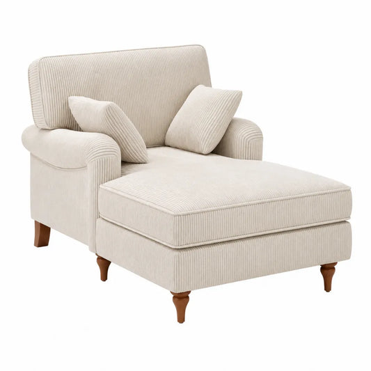Chaise longue en tissu beige avec pieds en bois