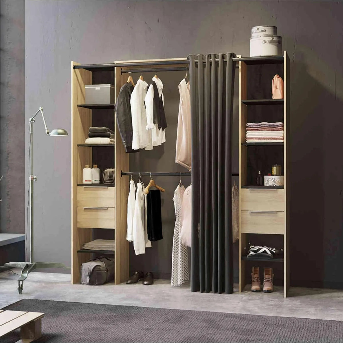 Terre de Nuit Dressing Ouvert avec Rideau – DR185, en bois, extensible