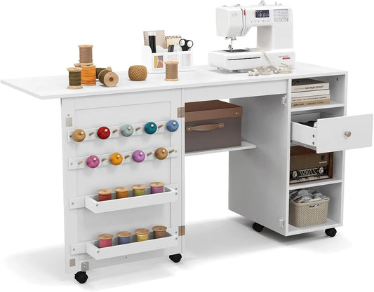 COSTWAY Table de Couture Pliante: avec rangement, avec tiroirs, verrouillable, avec roulettes, blanc