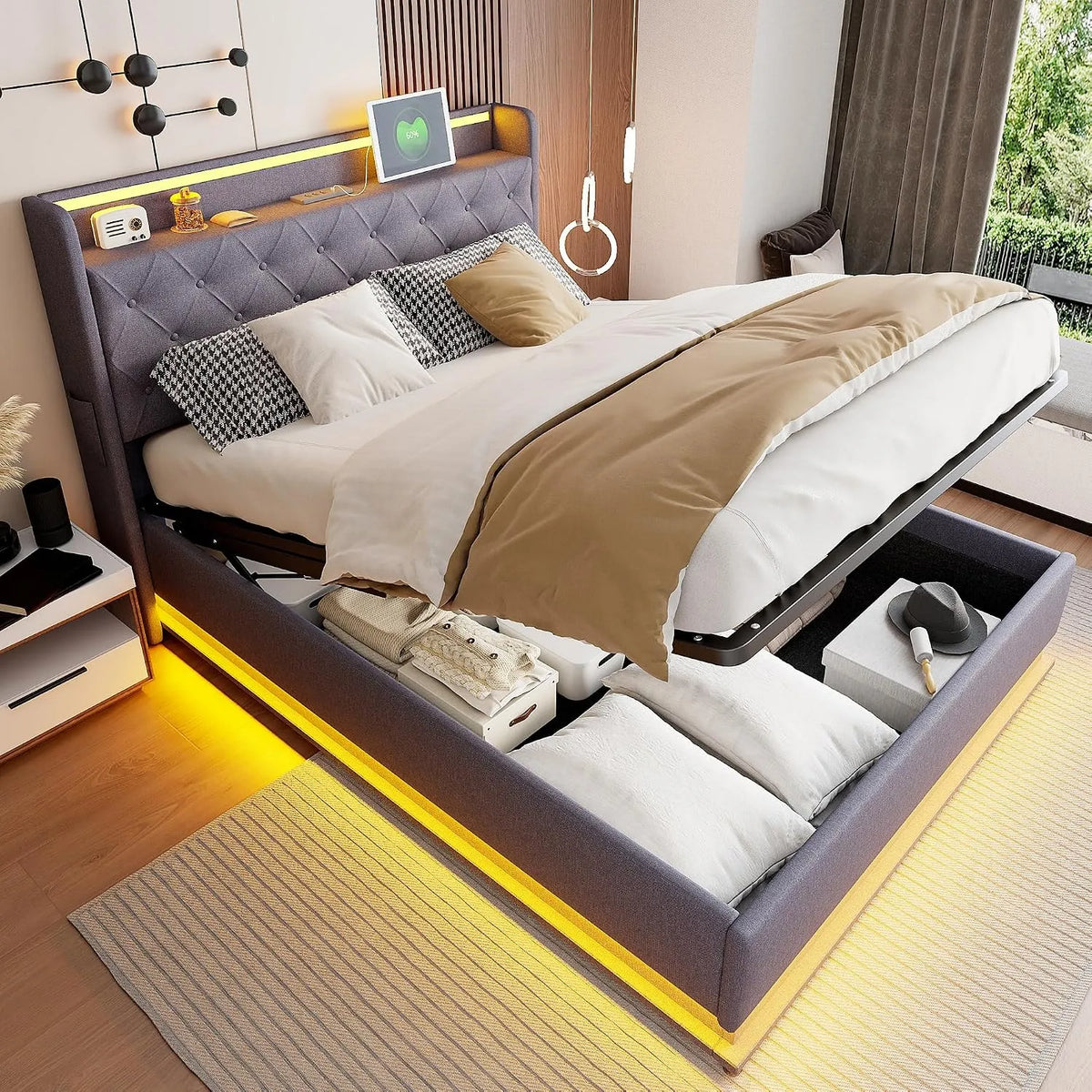 Lit rembourré et cadre de lit tapissé: pour enfant, en métal, avec rangement, avec port USB, 140 × 200 cm, avec éclairage LED