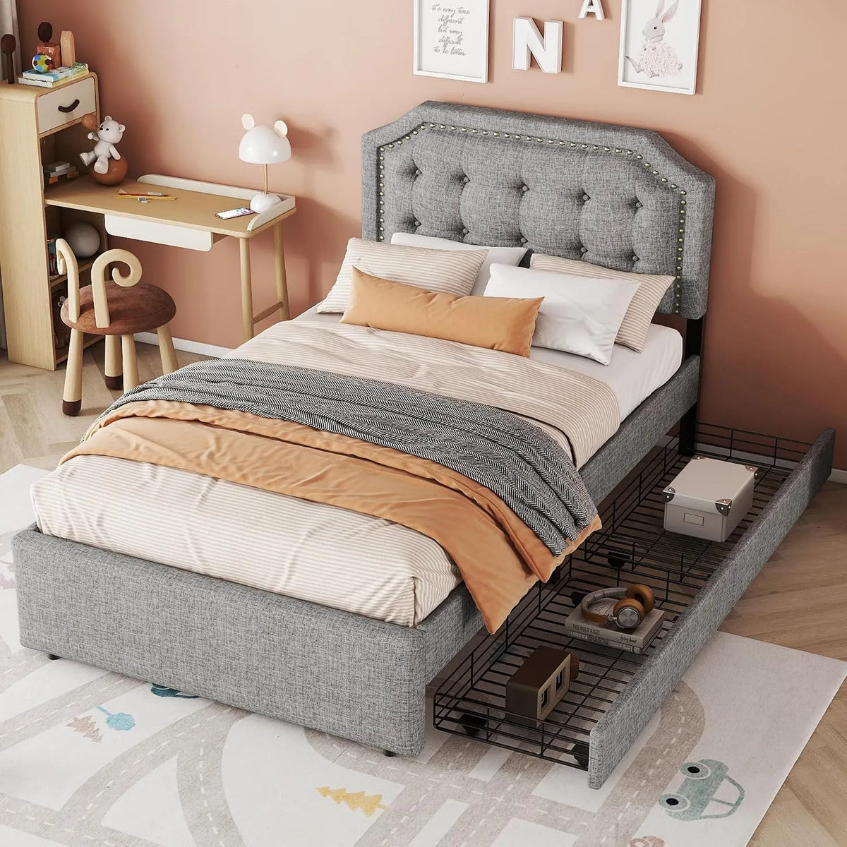 Lit Plat 90 x 200 cm – avec tiroirs, 90 × 200 cm, gris