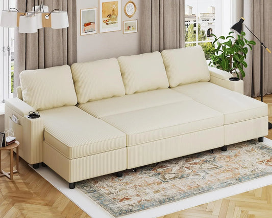 Canapé d'angle et canapé panoramique – réversible, avec rangement, convertible, avec accoudoirs, 4 Places, beige
