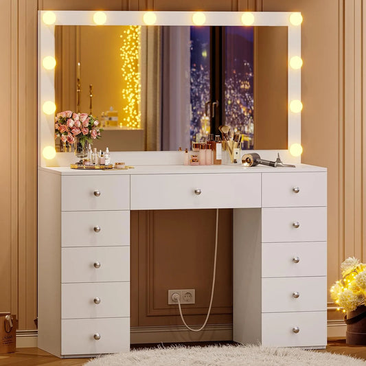 Coiffeuse et table de maquillage avec Miroir et Éclairage Hollywood — avec rangement, avec tiroirs, 11 Tiroirs, 40 × 105 × 140cm, blanc