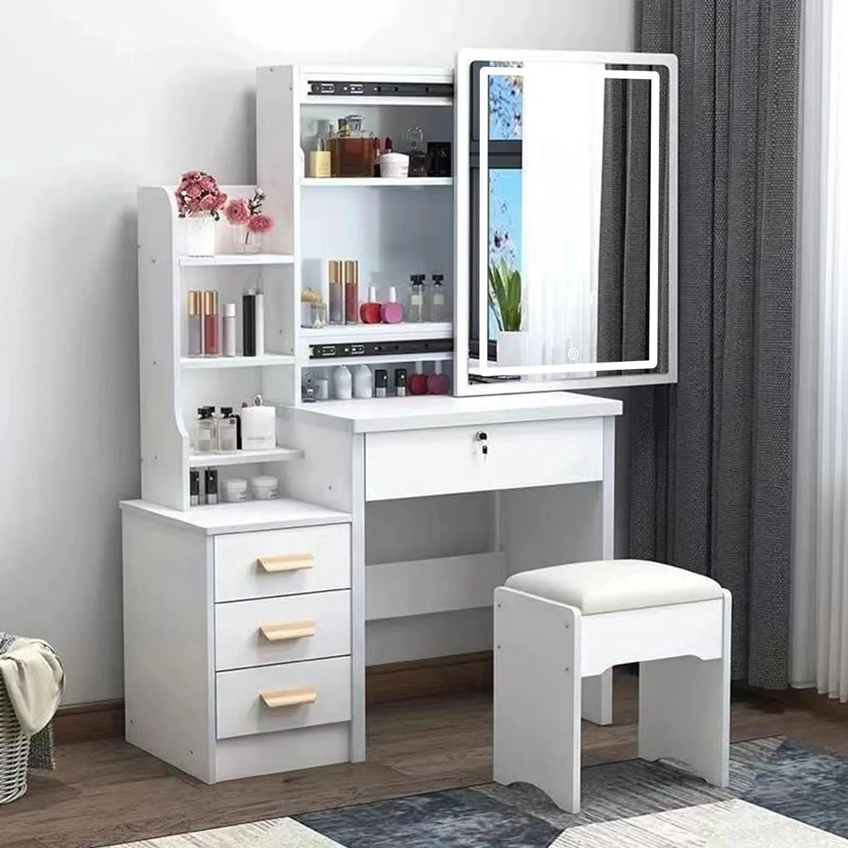 Coiffeuse et table de maquillage avec Lumières: avec tiroirs, avec étagères, réglable, 6 Étagères, 4 Tiroirs, blanc