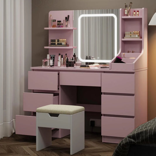 Devoko Coiffeuse et table de maquillage LED avec 7 Grands Tiroirs – avec tiroirs, réglable, affichage LED, blanc
