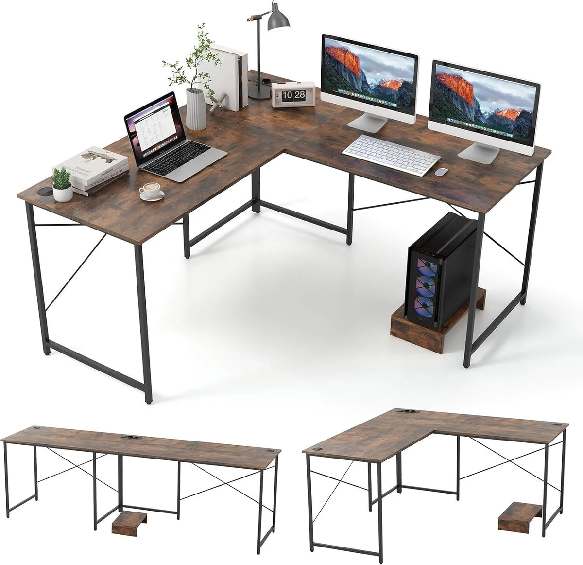 COSTWAY Bureau et table informatique — réversible, avec port USB, 150 × 150 × 75 cm, marron