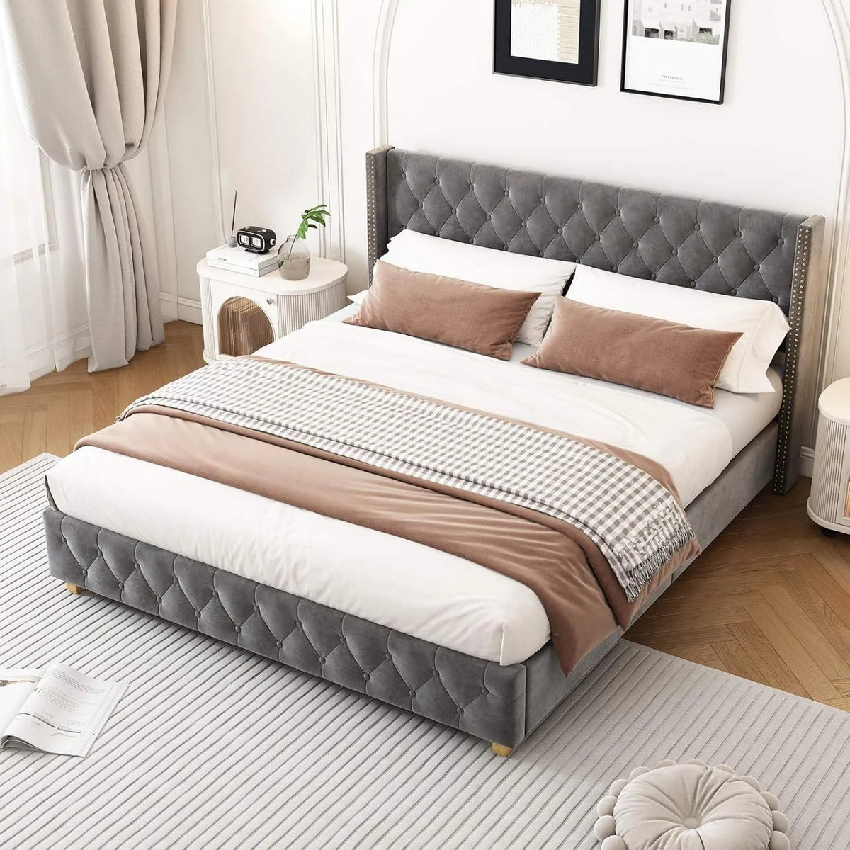 Lit Double 160x200 avec Sommier à Lattes – pour enfant, revêtement en tissu, en bois, 2 Places, 160 × 200, gris, revêtement en velours