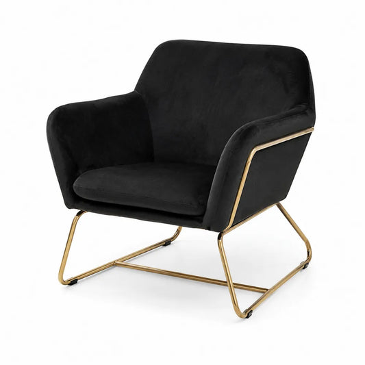 Fauteuil en velours noir avec piètement en métal doré