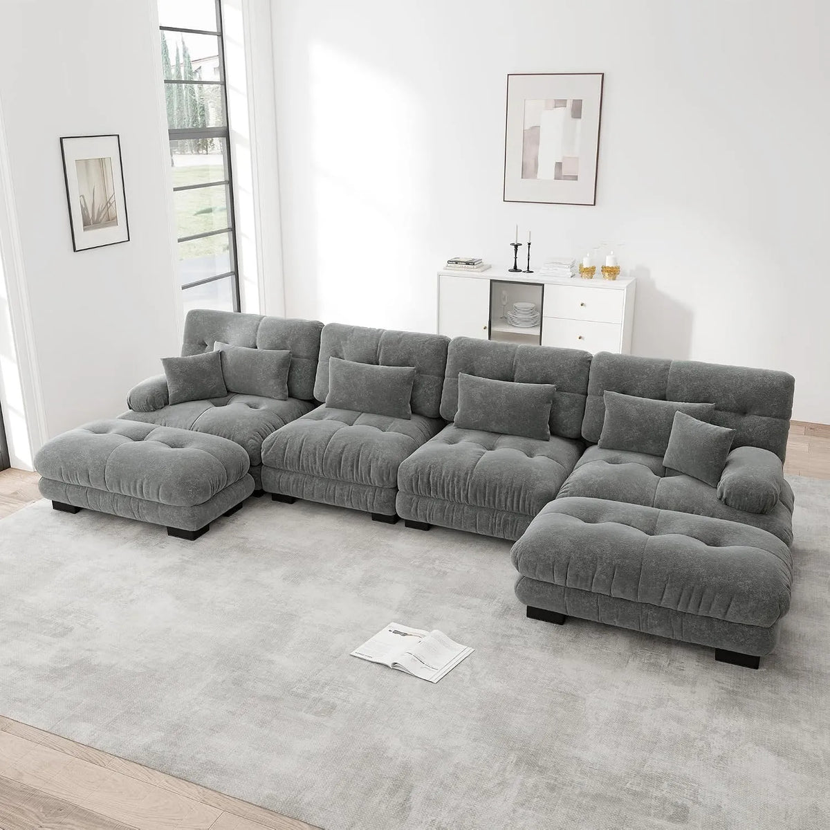 Canapé d'angle et canapé panoramique — en chenille, revêtement en tissu, 4 places, gris