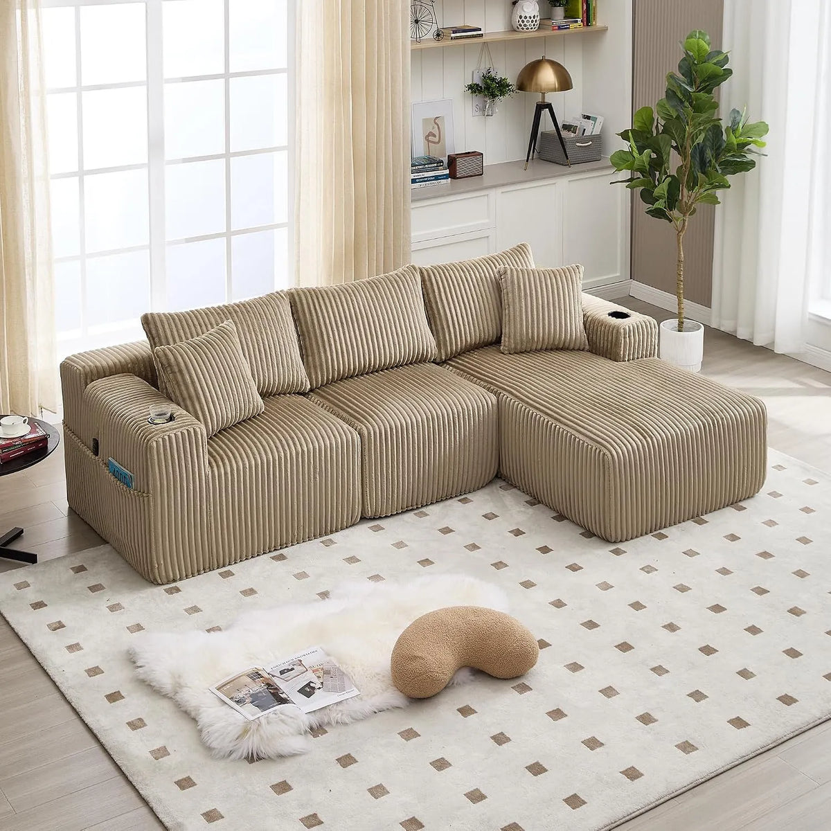 Canapé d'angle et canapé panoramique — modulaire, en velours côtelé, avec coussins, 2 Porte, 257 cm